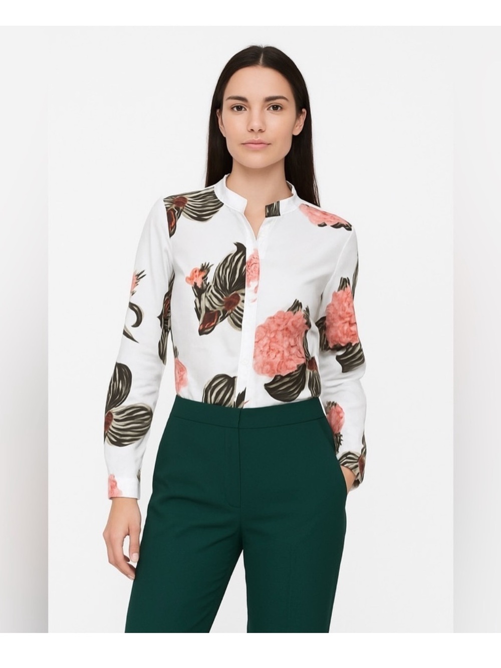 Women's Floral Mandarin Collar Button-Down Shirt - White with Coral Floral